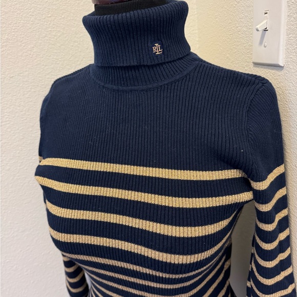 Lauren Ralph Lauren Turtleneck Navy Blue Gold Stripe Sweater Turtleneck XS S - Picture 2 of 8